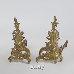 Antique French Louis XIV Bronze Foliate Form Fireplace Andiron Chenets C1890