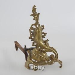 Antique French Louis XIV Bronze Foliate Form Fireplace Andiron Chenets C1890