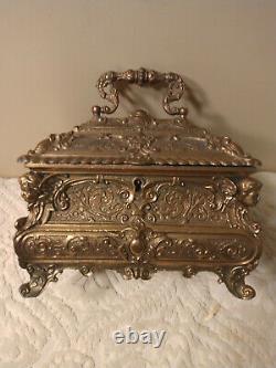 Antique French Louis XV Brass Plated Bombe Jewelry Box 1880 w Repousse Decor