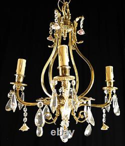 Antique French Louis XV Bronze and glass chandelier Small ceramic flowes (1126)