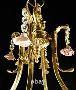 Antique French Louis XV Bronze and glass chandelier Small ceramic flowes (1126)