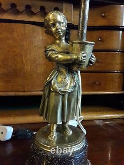 Antique French Louis XV Candelabra Lamps Figures Gilded Bronze Porphyry Marble