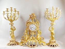 Antique French Louis XV Clock Set of Bronze with Original Gold Finish 1840s