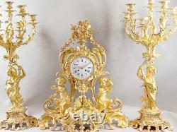 Antique French Louis XV Clock Set of Bronze with Original Gold Finish 1840s