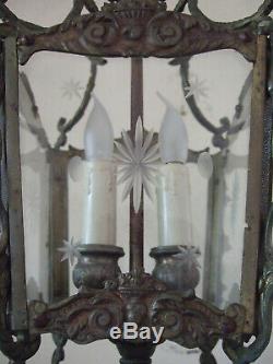 Antique French Louis XV Gilt Bronze & Ground Glass Lantern Chandelier Light