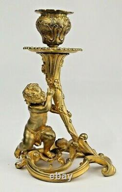 Antique French Louis XV Ormolu Dore Bronze Cherub Candle Holder