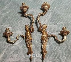 Antique French Louis XV Pair Of Rococo Style Bronze Wall Sconces