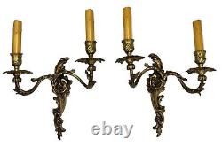Antique French Louis XV Rococo Gilt Bronze 2-Light Wall Sconces Candelabra Lamps