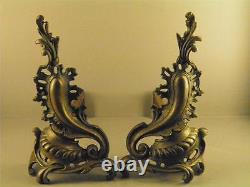 Antique French Louis XV Rococo Ornate Bronze Fireplace Andirons