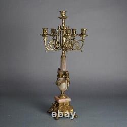 Antique French Louis XV Style Bronze & Rouge Marble Figural Candelabra C1920