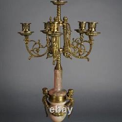 Antique French Louis XV Style Bronze & Rouge Marble Figural Candelabra C1920