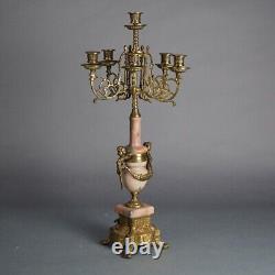 Antique French Louis XV Style Bronze & Rouge Marble Figural Candelabra C1920