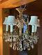 Antique French Louis Xv Style Crystal Brass Chandelier 5 Light Silk Shades