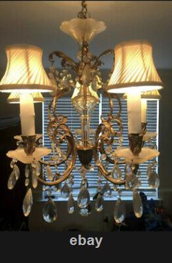 Antique French Louis XV Style Crystal Brass Chandelier 5 Light Silk Shades