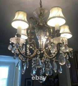 Antique French Louis XV Style Crystal Brass Chandelier 5 Light Silk Shades
