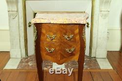 Antique French Louis XV Style Inlaid Marquetry Rosewood Marble Top Nightstand