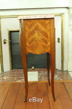 Antique French Louis XV Style Inlaid Marquetry Rosewood Marble Top Nightstand