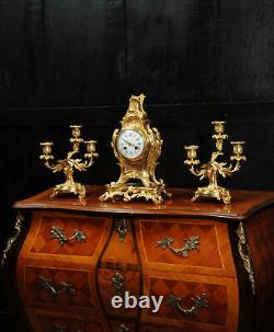Antique French Louis XV Style Ormolu Rococo Clock Set