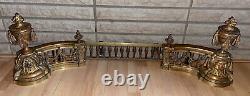 Antique French Louis XVI Brass Bronze LION Flame Finial Andiron Fender Fireplace
