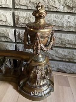 Antique French Louis XVI Brass Bronze LION Flame Finial Andiron Fender Fireplace