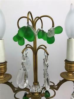Antique French Louis XVI Bronze Crystal Fruit Girandole Boudoir Lamps Candelabra