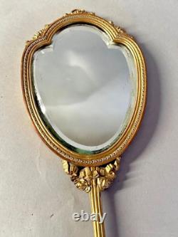 Antique French Louis XVI Bronze Hand Mirror with Floral Design, 19th Century