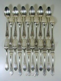 Antique French Louis XVI Carved White Metal 12 Cutlery Set in their Box, Marks