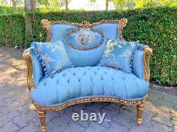 Antique French Louis XVI Corbeille Settee in Gold Leaf Beech with Blue Velvet