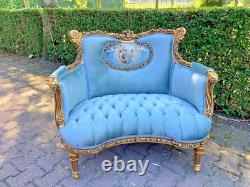 Antique French Louis XVI Corbeille Settee in Gold Leaf Beech with Blue Velvet