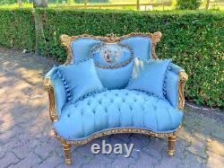 Antique French Louis XVI Corbeille Settee in Gold Leaf Beech with Blue Velvet