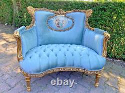 Antique French Louis XVI Corbeille Settee in Gold Leaf Beech with Blue Velvet