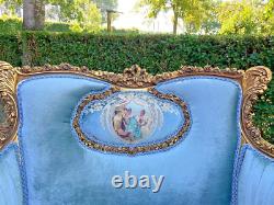 Antique French Louis XVI Corbeille Settee in Gold Leaf Beech with Blue Velvet