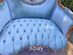 Antique French Louis XVI Corbeille Settee in Gold Leaf Beech with Blue Velvet