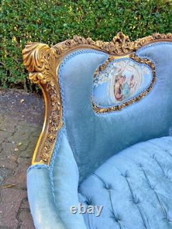 Antique French Louis XVI Corbeille Settee in Gold Leaf Beech with Blue Velvet