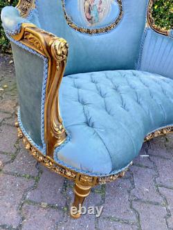 Antique French Louis XVI Corbeille Settee in Gold Leaf Beech with Blue Velvet