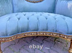 Antique French Louis XVI Corbeille Settee in Gold Leaf Beech with Blue Velvet