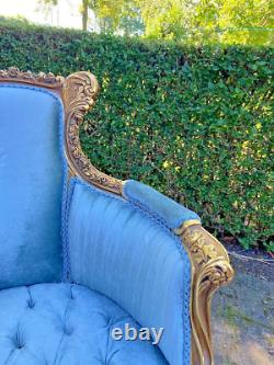 Antique French Louis XVI Corbeille Settee in Gold Leaf Beech with Blue Velvet