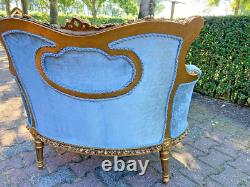 Antique French Louis XVI Corbeille Settee in Gold Leaf Beech with Blue Velvet