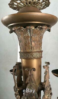 Antique French Louis XVI Empire Gustavian Bronze Brass 12-Light Chandelier Light