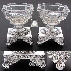 Antique French Louis XVI Era Sterling Silver & Glass Open Salt Pair, Mascarons