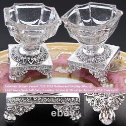 Antique French Louis XVI Era Sterling Silver & Glass Open Salt Pair, Mascarons