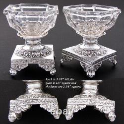 Antique French Louis XVI Era Sterling Silver & Glass Open Salt Pair, Mascarons