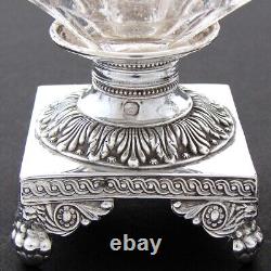 Antique French Louis XVI Era Sterling Silver & Glass Open Salt Pair, Mascarons