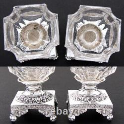Antique French Louis XVI Era Sterling Silver & Glass Open Salt Pair, Mascarons