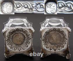 Antique French Louis XVI Era Sterling Silver & Glass Open Salt Pair, Mascarons