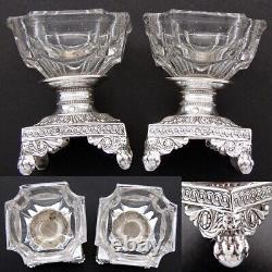 Antique French Louis XVI Era Sterling Silver & Glass Open Salt Pair, Mascarons