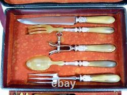 Antique French Louis XVI Horn Silver & Steel Meat Cutlery Set Original Box Mark
