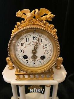 Antique French Louis XVI Mantel Clock Gilt Dore Bronze & White Marble