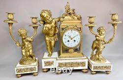 Antique French Louis XVI Marble Clock & Candelabra Set, Circa 1900, Bronze