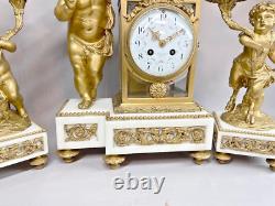 Antique French Louis XVI Marble Clock & Candelabra Set, Circa 1900, Bronze